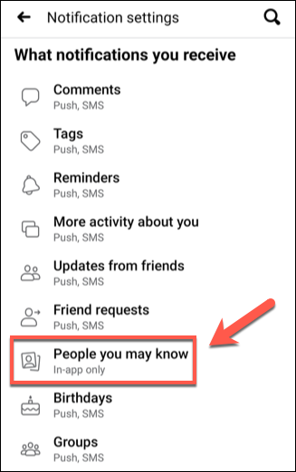Toque em "Pessoas que você pode conhecer" no menu "Configurações de notificação".