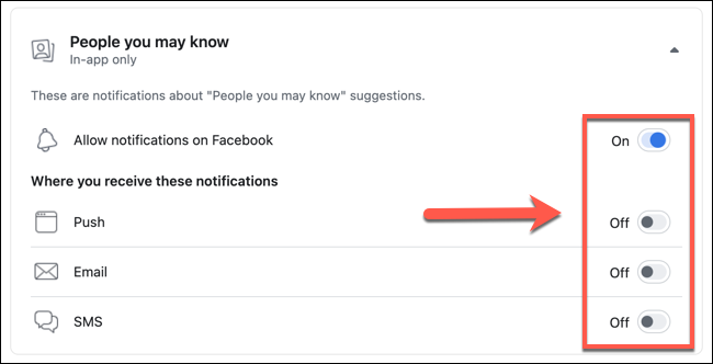 Toque nos controles deslizantes ao lado das várias opções listadas no menu de configurações "Pessoas que você pode conhecer" para desativar sugestões de amigos específicos ou pressione "Permitir notificações no Facebook" para desativá-las totalmente.