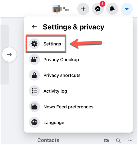 Para abrir o menu de configurações do Facebook na web, pressione o ícone de seta para baixo no canto superior direito e selecione Configurações e privacidade> Configurações.