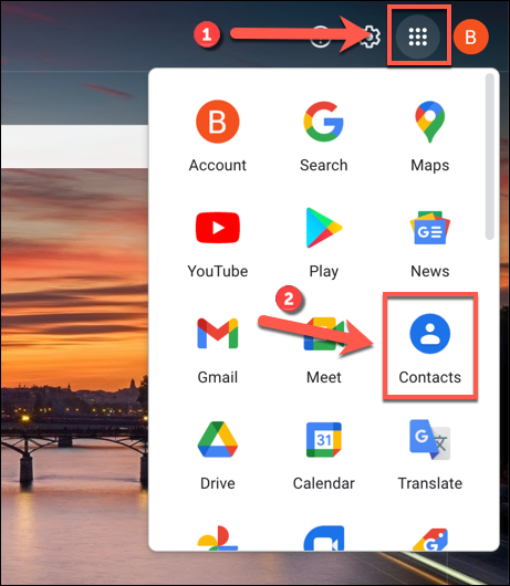 No Gmail, pressione o ícone do menu de aplicativos> Contatos para visualizar o menu de contatos da sua conta.