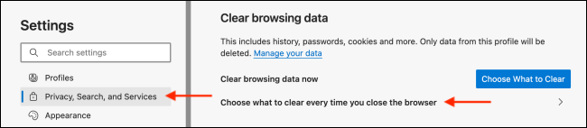 Vá para Opção para limpar dados ao fechar o navegador Microsoft Edge