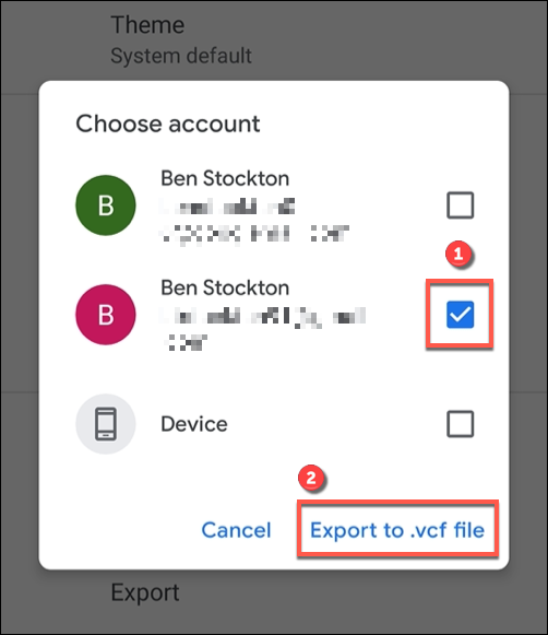 Toque na conta que deseja exportar e, em seguida, toque em "Exportar para arquivo .VCF" para exportar os contatos.