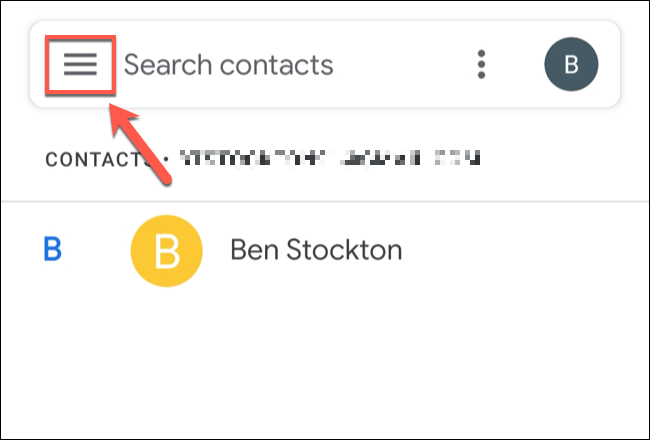 No aplicativo Contatos do Google no Android, toque no ícone do menu de hambúrguer.