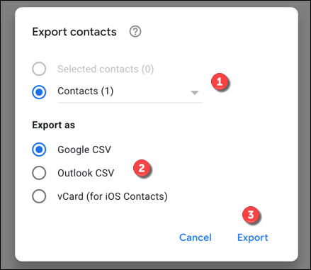 Selecione os contatos que deseja exportar e, em seguida, escolha o tipo de arquivo de exportação nas opções "Exportar como".  Clique em "Exportar" para iniciar o processo de exportação.