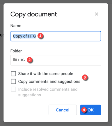 Na caixa "Copiar documento", confirme o nome, o local e as configurações de compartilhamento do arquivo copiado e determine se deseja duplicar comentários e sugestões.  Pressione "OK" para salvar.