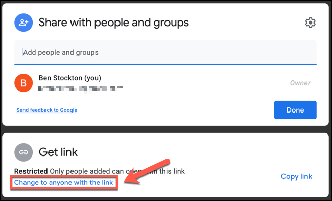 Pressione a opção "Alterar para qualquer pessoa com o link" para definir as opções de compartilhamento por acesso ao URL do documento.