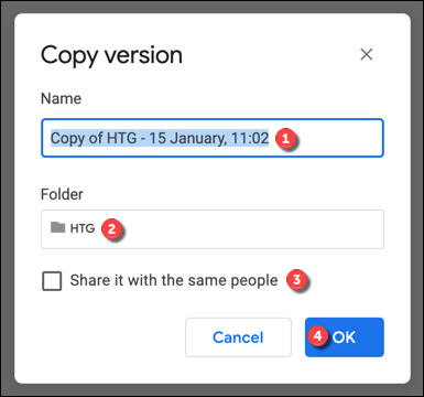 Na caixa "Copiar versão", confirme o nome e a localização da duplicata e confirme se deseja ou não compartilhá-la com os mesmos usuários do original.  Pressione "OK" para salvar e fazer a cópia.