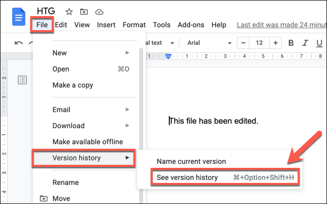 Pressione Arquivo> Histórico da versão> Ver histórico da versão para visualizar o histórico da versão de um documento do Google Docs.