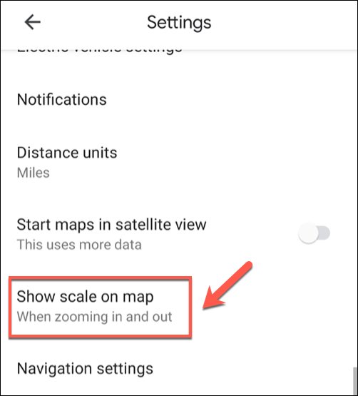 Toque na opção "Mostrar escala no mapa" no menu "Configurações".