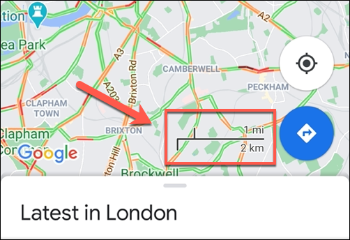 Um exemplo da barra de escala do Google Maps no Android, mostrando a escala sempre ativa.