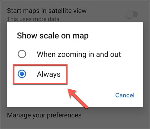Toque em "Sempre" no menu de configurações "Mostrar escala no mapa".