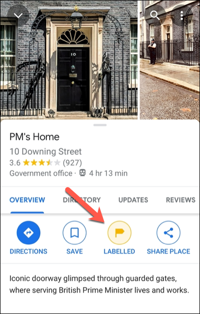 Toque em "Marcado" ou "Marcado" (dependendo de sua localidade) no menu de informações do Google Maps para alterar ou remover um rótulo privado existente.