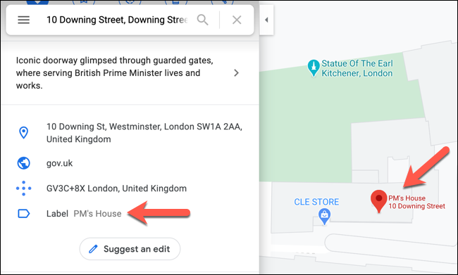 Um exemplo de etiqueta privada em um local no Google Maps.