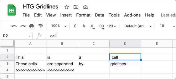 Células de exemplo em uma planilha do Google Sheets com linhas de grade ativadas.