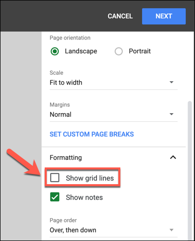 No menu "Configurações de impressão", pressione Formatação> Mostrar linhas de grade para remover as linhas de grade visíveis do documento antes de imprimir.