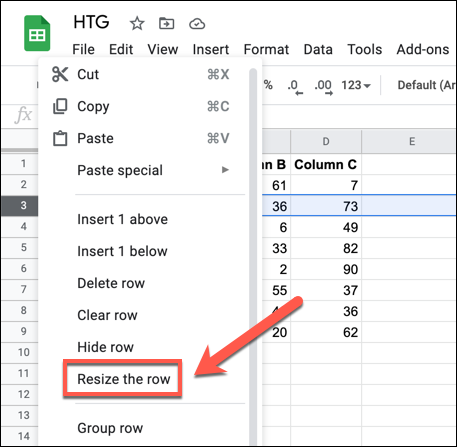 Para redimensionar uma linha ou coluna para um tamanho definido, clique com o botão direito em uma coluna ou rótulo de cabeçalho de linha e selecione "Redimensionar a linha" ou "Redimensionar a coluna" no menu pop-up.