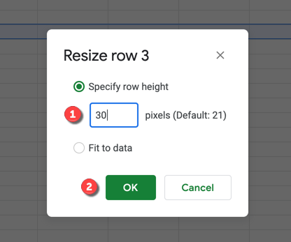 Na caixa "Redimensionar", forneça um tamanho personalizado ou selecione "Ajustar aos dados" para redimensionar a coluna ou linha para caber nos maiores dados da célula.  Clique em "OK" para salvar a configuração.