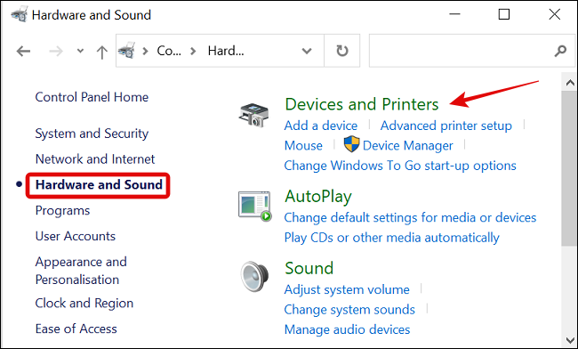 Clique em Hardware e Sons no Menu do Painel de Controle e escolha Dispositivos e Impressoras