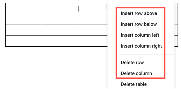 Clique com o botão direito na tabela para adicionar ou remover colunas ou linhas