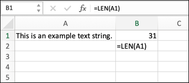Um exemplo de fórmula do Excel usando a função LEN, calculando o comprimento de uma string de texto.