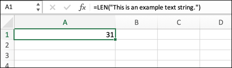 Um exemplo da função LEN no Excel, mostrando o comprimento de uma string de texto colocada diretamente na fórmula.