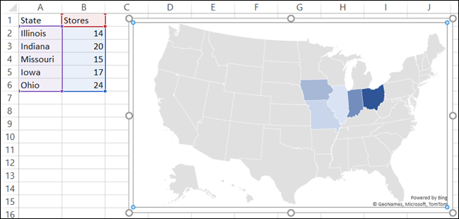 Mapa de gráfico com dados no Excel