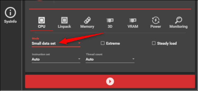 Uma seta vermelha apontando para a configuração do pequeno conjunto de dados em OCCT.