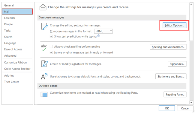 Selecione Mail e clique em Opções do Editor