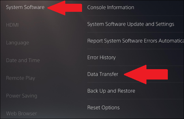 onde encontrar a transferência de dados nas configurações do ps5