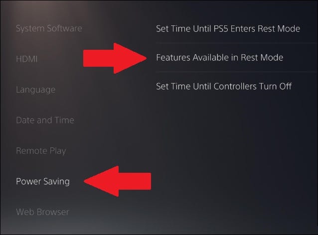 recursos de economia de energia no modo de descanso nas configurações do PS5