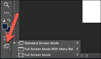 Para alterar os modos de tela usando a barra de ferramentas do Photoshop, clique com o botão direito do mouse no ícone "Modo de tela" inferior e selecione uma das opções.