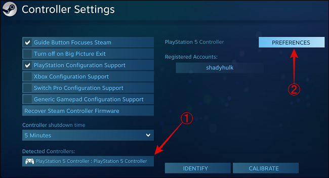 Selecione o controlador PS5 e clique em Preferências