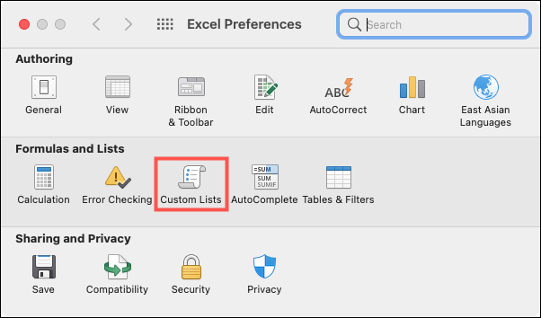 Clique em Excel, Preferências, Listas personalizadas