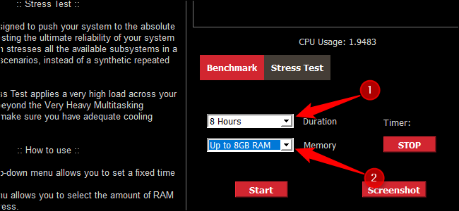 Duas setas numeradas apontando para a duração do Asus Realbench e configurações de uso de RAM.