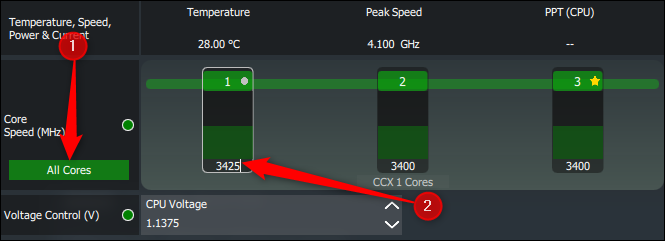 Duas setas numeradas apontando para o botão Todos os núcleos e a caixa de entrada de texto para alterar a velocidade do núcleo no Ryzen Master.