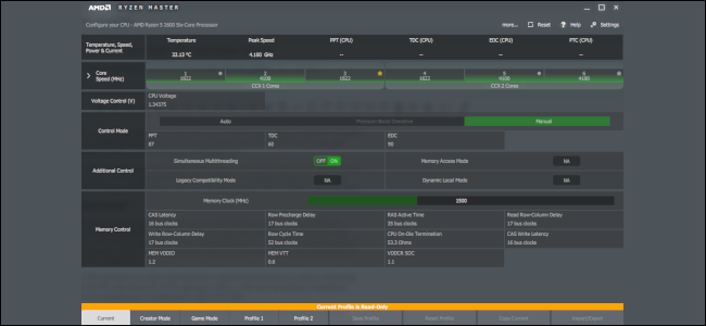 Software de desktop Ryzen Master.  Várias guias na parte inferior da janela com outro menu à esquerda.