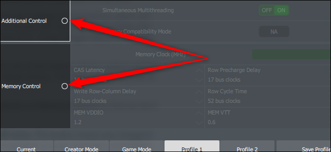 Duas setas vermelhas apontando para itens do menu no lado esquerdo do Ryzen Master.