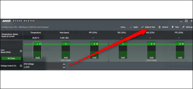 Uma seta vermelha apontando para o botão Aplicar e testar no Ryzen Master