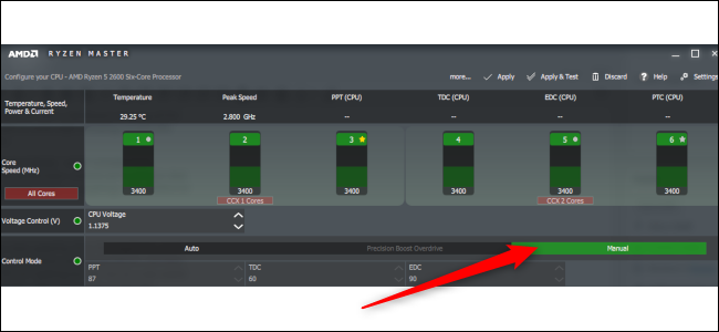 Uma seta vermelha apontando para o botão Manual no Ryzen Master.