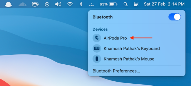 Selecione AirPods no menu Bluetooth