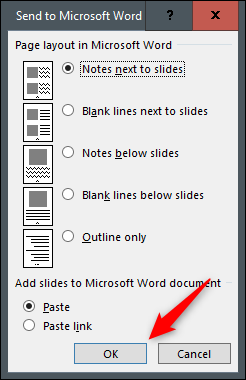 Caixa de diálogo enviada para o Microsoft Word