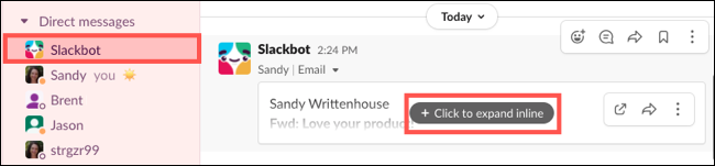 Clique em Slackbot e expanda o e-mail
