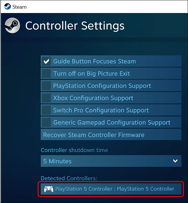 Spot PS5 Controller nas configurações do Steam Controller