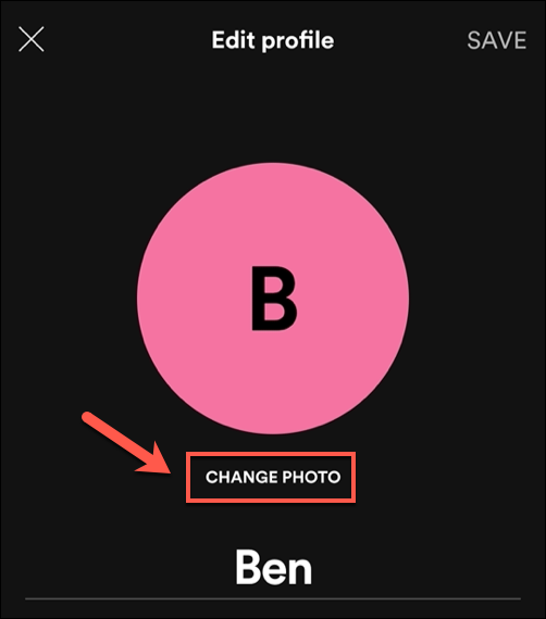 No menu "Editar perfil" do aplicativo Spotify, toque na opção "Alterar foto".