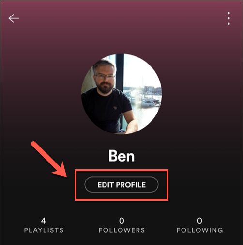 Toque em "Editar Perfil" para alterar uma foto existente do Spotify.