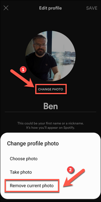 Toque na sua foto (ou na opção "Alterar foto") e, em seguida, toque em "Remover foto atual" para removê-la do seu perfil.