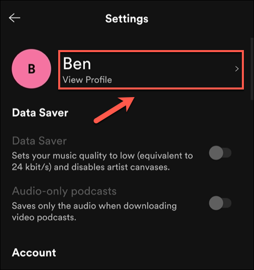 No menu "Configurações" do aplicativo Spotify, toque na opção "Ver Perfil".