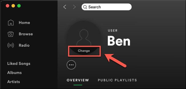Para alterar sua imagem de perfil do Spotify, pressione a opção "Alterar" na página de seu perfil do Spotify.