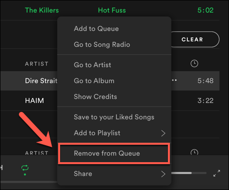 Clique em "Remover da fila" para remover uma música da fila de reprodução do Spotify.