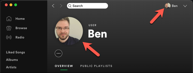 Um exemplo de uma foto de perfil atualizada do Spotify no cliente de desktop Spotify.